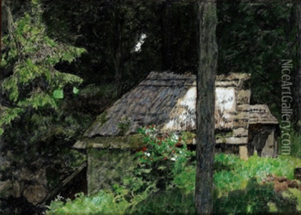 Ein Waldhaus (+ Mann Mit Boot, Verso) Oil Painting - Alexander Rothaug