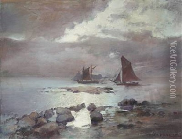 Coastal Scene With Sailing Ships On A Misty Morning Oil Painting - Peder Jacob Marius Knudsen
