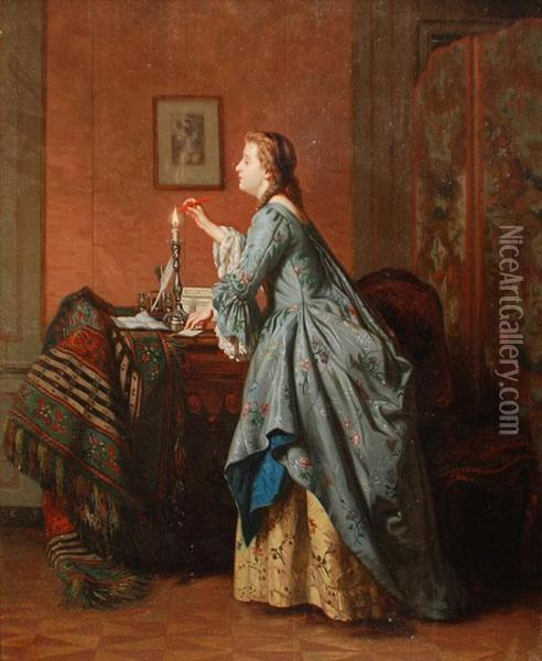 Interior Women Sealing Letter Oil Painting - Jean Carolus