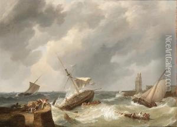 At The Harbour Mouth Oil Painting - Johannes Hermanus Koekkoek