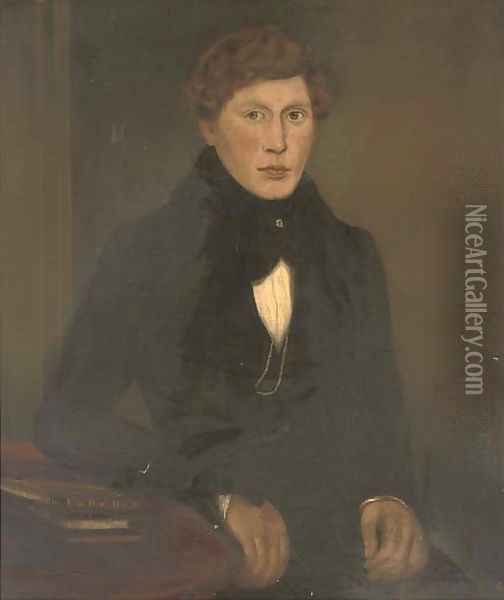 Portrait of a gentleman, seated three-quarter-length, in a black coat, resting his arm on a table Oil Painting - English School