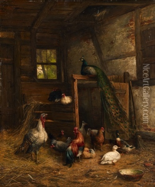 Stallszene Mit Pfau, Truthahn, Huhnern Und Enten Oil Painting - Carl Jutz the Elder
