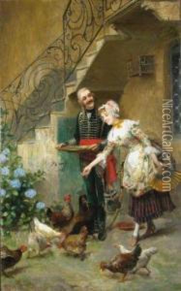Feeding Chickens Oil Painting - Giocomo Mantegazza
