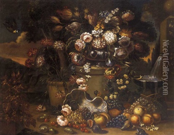 Natura Morta Con Vaso Di Fiori E Frutta In Un Paesaggio Oil Painting - Gasparo Lopez
