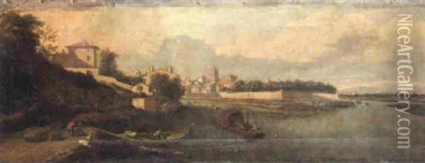 A River Landsape With Stevedores Loading Barrels On To A Boat Oil Painting - Filippo (il Bizzarro) Gagliardi