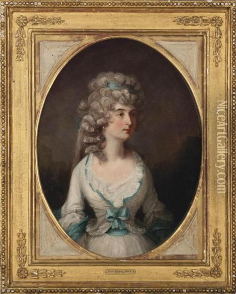 Portrait Of A Lady, Half-length, In A White Dress With Blue Trim, In A Painted Oval Oil Painting - John Raphael Smith