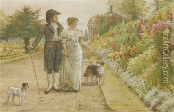 A Couple Taking A Stroll In The Gardens Of Hampton Court Palace Oil Painting - George Goodwin Kilburne