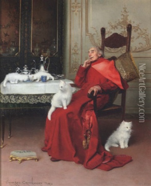The Cardinal's Pets Oil Painting - Georges Croegaert