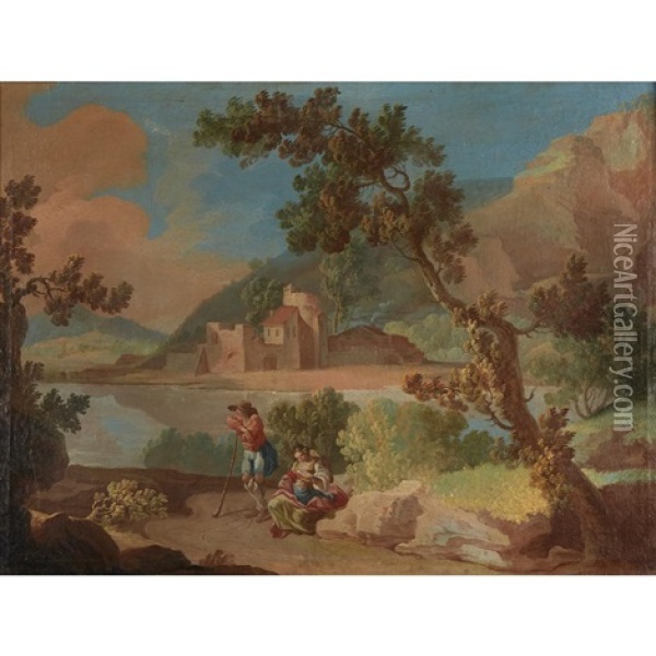 Travellers In A Pastoral Landscape; And A Companion Oil Painting - Francesco Zucarelli