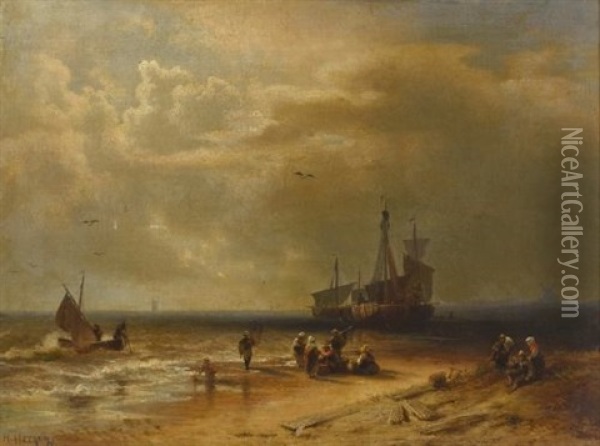 Strandszene Mit Fischern Und Fischerbooten Oil Painting - Hermann Herzog