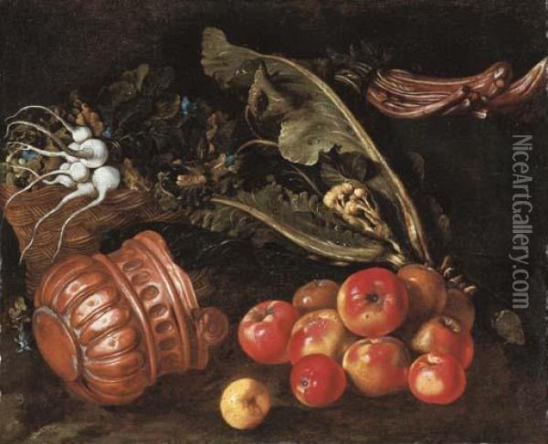Turnips In A Basket With Cauliflower Oil Painting - Giovanni Battista Salvi