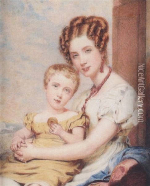 A Lady And Child, She Wears White Short-sleeved Dress, Coral Necklace And Matching Pendant Earrings, Her Son Wears Yellow Dress And Holds A Toy Oil Painting - William John (Sir) Newton