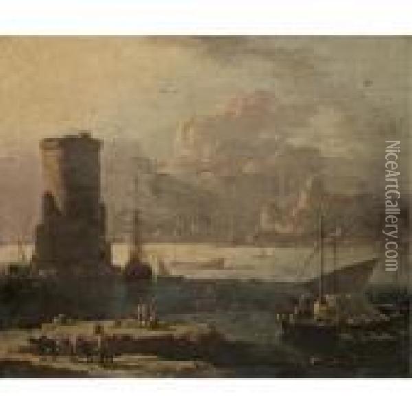 A Mediterranean Coastal Scene With Figures On A Quay Oil Painting - Adriaen Van Der Kabel