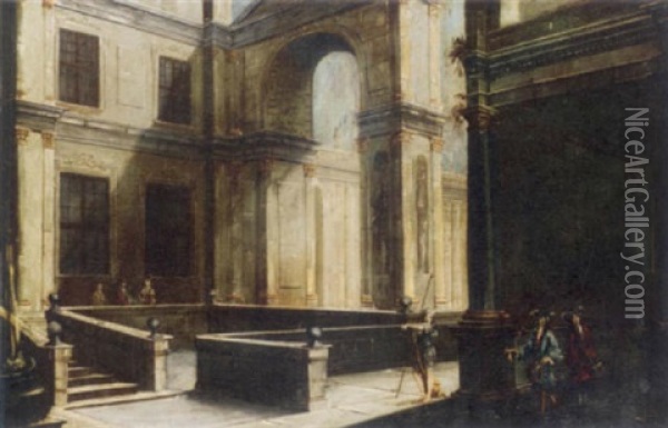 Elegant Figures In An Architectural Courtyard Oil Painting - Niccolo Codazzi