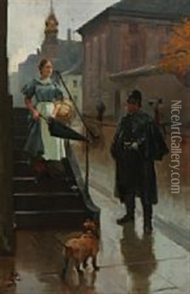A Maid Talking To A Police Officer Oil Painting - Erik Ludwig Henningsen