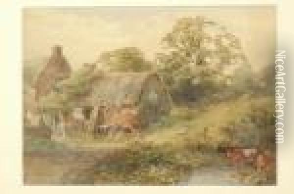 Farm House And Cattle Watering Oil Painting - Frank Gresley