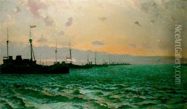 Evening - A Review Of The Fleet Oil Painting - Walter Alfred Firkins