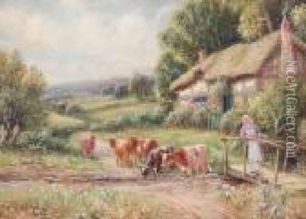 Cattle Watering Before A Cottage Oil Painting - Robert John Hammond