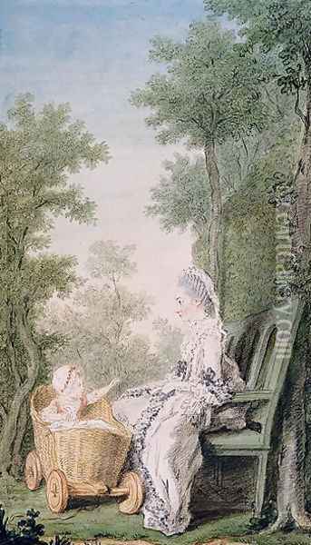 Adelaide Mancini, Duchess of Cosse, and her Daughter, Madame de Portemar as a Child, 1766 Oil Painting - Louis Carrogis Carmontelle