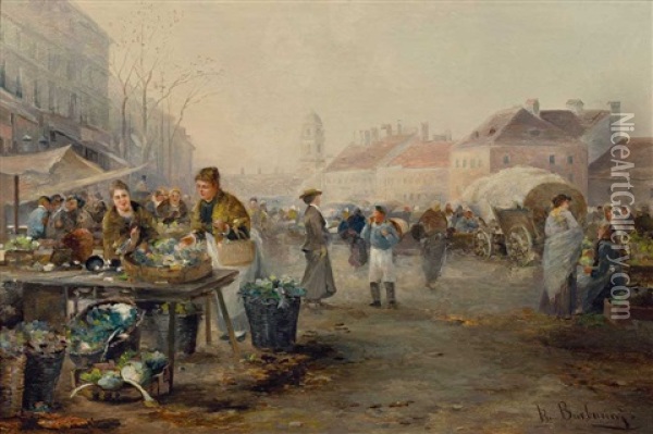 Markttag Mit Lebhaftem Treiben An Einem Dunstigen Fruhlingstag Oil Painting - Emil Barbarini