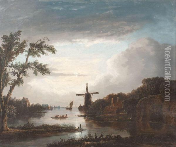 Abendlandschaft Mit Hollandischem Dorf Und Windmuhle Oil Painting - Maigret Jacobus Adianus