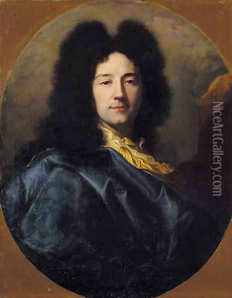 Portrait of the artist, bust-length, with a yellow cravat and a blue cloak, feigned oval Oil Painting - Hyacinthe Rigaud