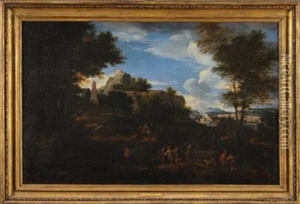 A Mountainous Landscape With Travellers In The Foreground, Grecian Temple Beyond And A Distant View To A River And Town Oil Painting - Johannes Lingelbach