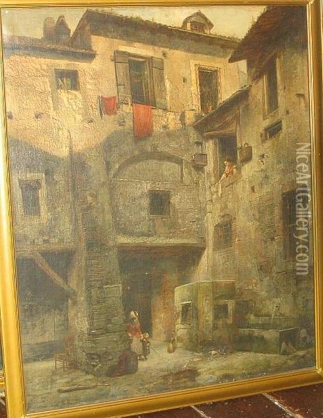 Courtyard Scene With Woman At A Window And Children Down Below Oil Painting - Luigi Bettinelli