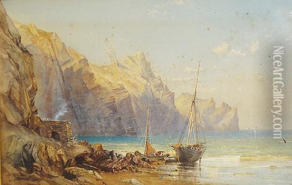 Rocky Shore Scene With Beached Fishing Boats Oil Painting - Charles Parsons Knight