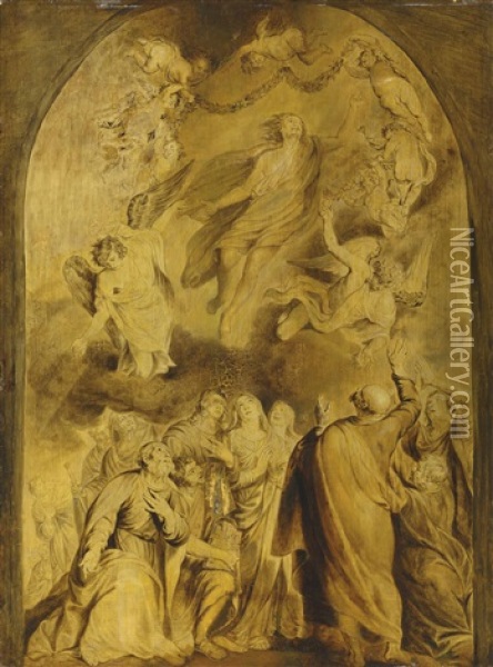 The Resurrection Of Christ, In A Painted Arch - A Modello, En Brunaille Oil Painting - Abraham van Diepenbeeck