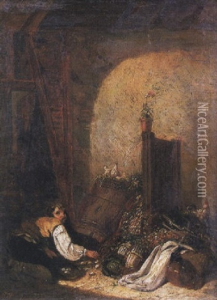 Interieur Paysan, L'enfant Au Poulailler Oil Painting - Marc Antoine Bilcoq