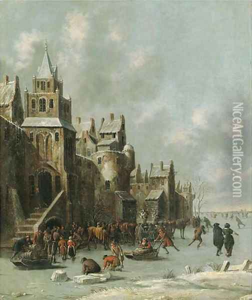 Townsfolk skating and sledging on a frozen moat before a town wall Oil Painting - Thomas Heeremans