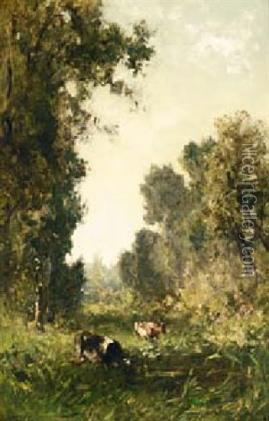 A Wooded Landscape With Watering Cows Oil Painting - Willem Roelofs