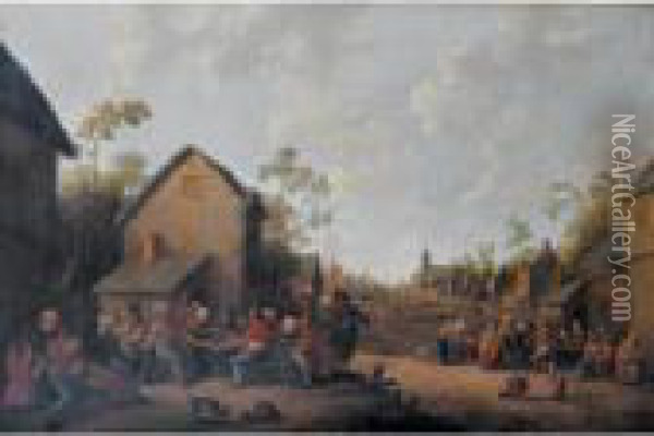 A Village Scene With Peasants Making Merry Before A Tavern Oil Painting - Joost Cornelisz. Droochsloot