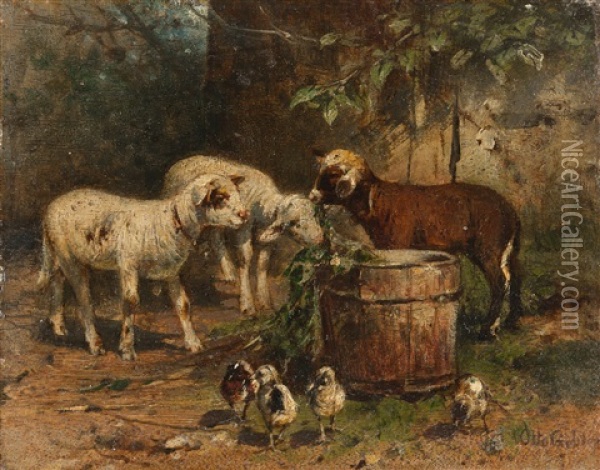 Lammer Und Huhner Vor Dem Stall Oil Painting - Otto Friedrich Gebler
