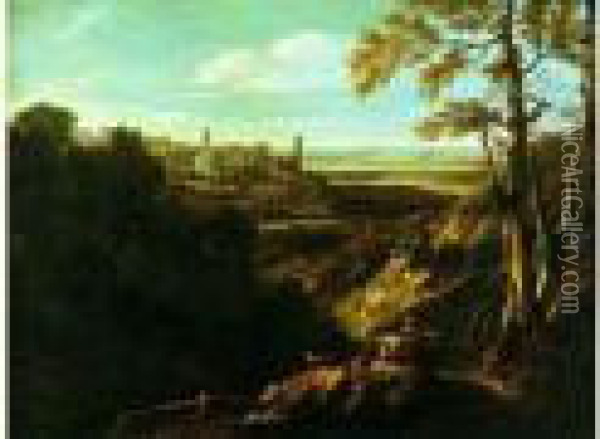Village Fortifie Dans Un Paysage Panoramique Oil Painting - Gaspard Dughet Poussin