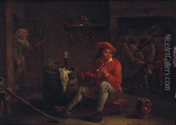 A Man Smoking A Pipe In An Inn With Card Players Beyond Oil Painting - David The Younger Teniers