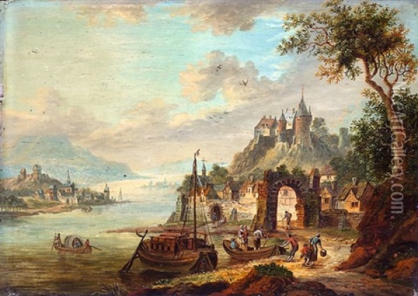 Weite Flusslandschhaft Mit Burg Und Einem Stadtchen Oil Painting - Franz Hochecker
