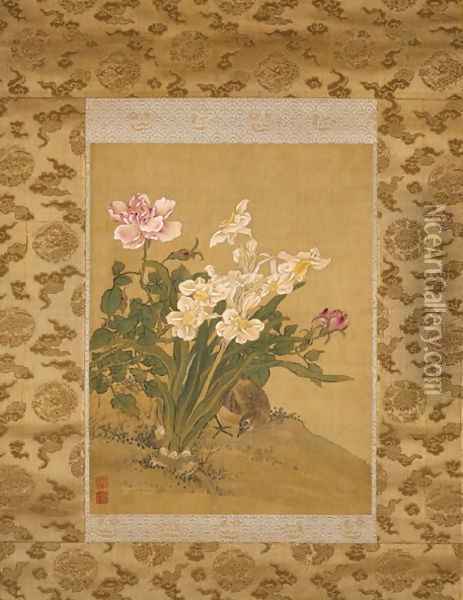 Bird beneath a Narcissus Plant and Blossoming Rose Bush, Qing Dynasty, c.1760 Oil Painting - Shen Quan