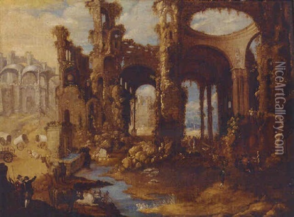 A Capriccio Of Ruins With Travellers And Cattle Oil Painting -  Pozzoserrato
