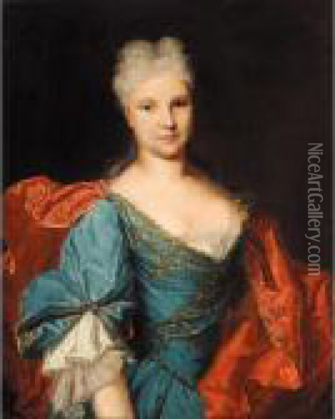 Portrait Of A Lady, Half-length, Wearing A Blue Embroidered Dress With A Scarlet Mantle Oil Painting - Nicolas de Largillierre