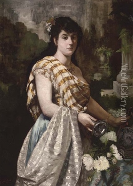 An Italian Maiden Filling A Ewer Oil Painting - Pietro Gabrini