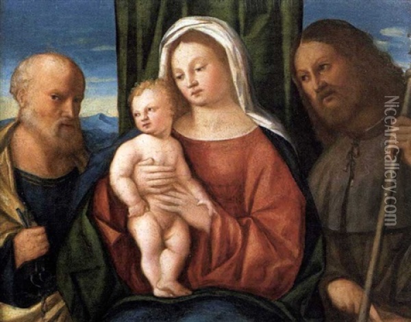 Vierge A L'enfant Entoure De Saint Pierre Et Saint Jacques (?) Oil Painting - Pier Francesco Bissolo