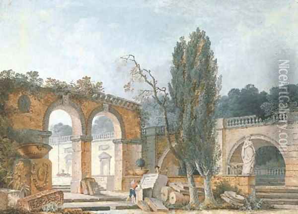 The courtyard of a ruined classical villa Oil Painting - Antoine Pierre Mongin