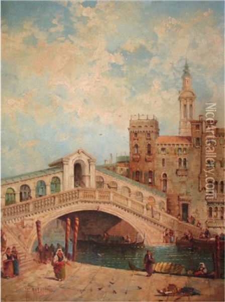 Venice: The Rialto Bridge; Scuola Grande Di S. Marco (2 Works) Oil Painting - William Meadows