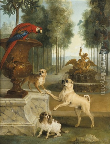 Three Dogs And A Macaw In A Park Oil Painting - Jean-Baptiste Oudry