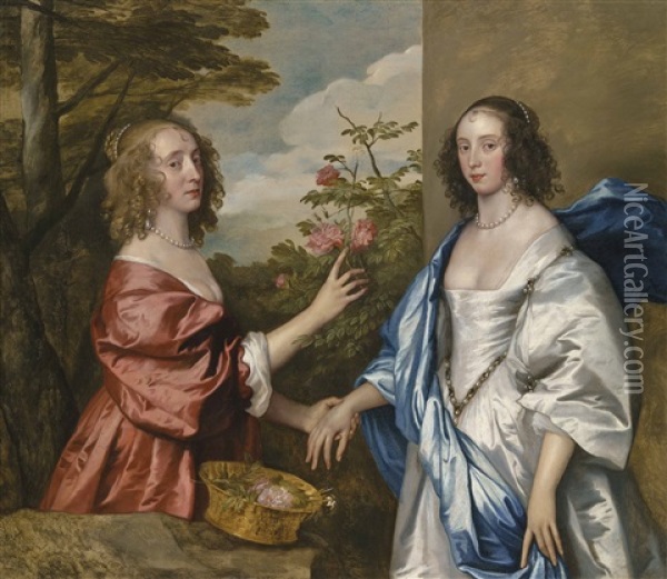 The Cheeke Sisters: Essex, Countess Of Manchester (d. 1658), And Anne, Lady Rich (d. C. 1655), Three-quarter-length, In A Landscape Oil Painting - Anthony Van Dyck