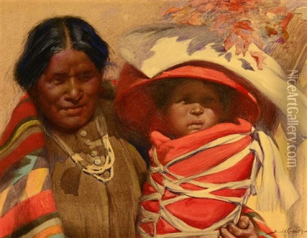 Navajo Woman And Child Oil Painting - Gerald Cassidy