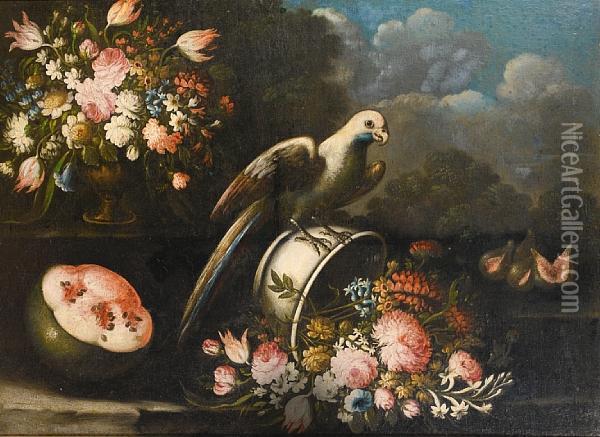 A Parrot On An Upturned Bowl 
Filled With Roses, Tulips, And Other Flowers, A Bronze Urn On A Stone 
Ledge With Figs And A Watermelon In A Landscape Oil Painting - Giuseppe Lavagna