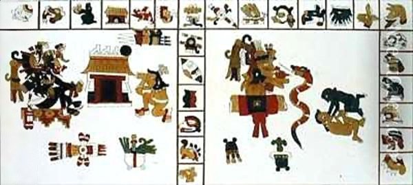 Hieroglyphic manuscript depicting the god Chuacohuati Oil Painting - D.K. Bonatti